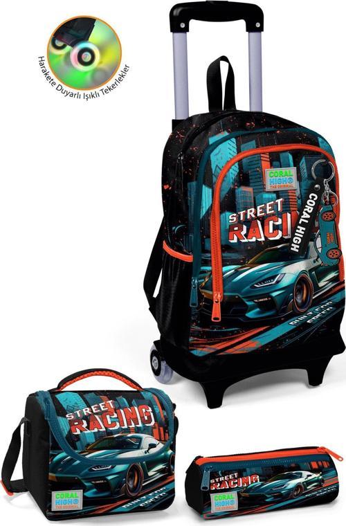 Kids Siyah Nefti Yarış Arabası Desenli Üç Bölmeli Çekçekli 3'lü Çanta Seti SET0123965