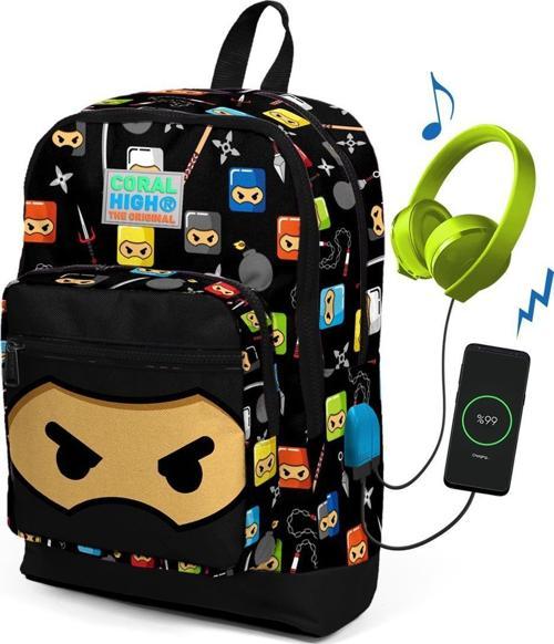 Kids Siyah Ninja Desenli USB Şarjlı Kulaklık Çıkışlı Okul Sırt Çantası 23285