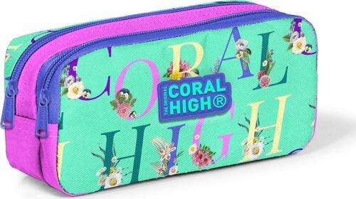 Kids Su Yeşili Açık Pembe Monogram Desenli İki Bölmeli Kalem Çantası 22156