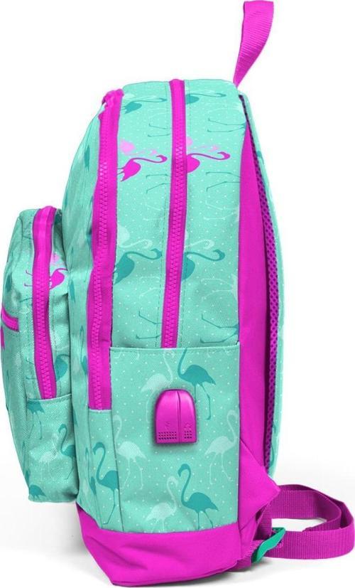 Kids Su Yeşili Flamingo Desenli USB Şarjlı Kulaklık Çıkışlı Okul Sırt Çantası 23275