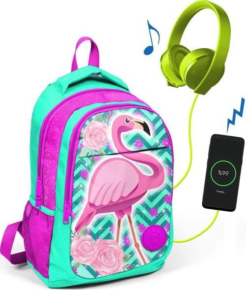 Kids Su Yeşili Flamingolu Üç Bölmeli USB Şarjlı Kulaklık Çıkışlı Sırt Çantası 23411