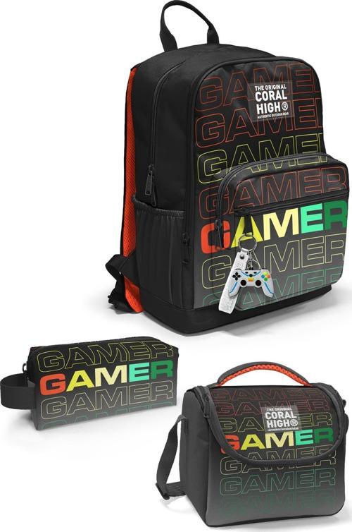 Siyah Gri Gamer Desenli 3’lü Okul Çanta Seti SET0123640