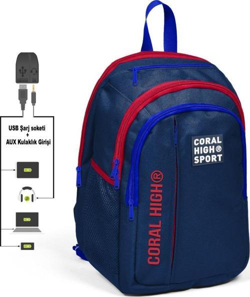 Sport Lacivert Kırmızı Beş Bölmeli USB Şarjlı Kulaklık Çıkışlı Sırt Çantası 23242
