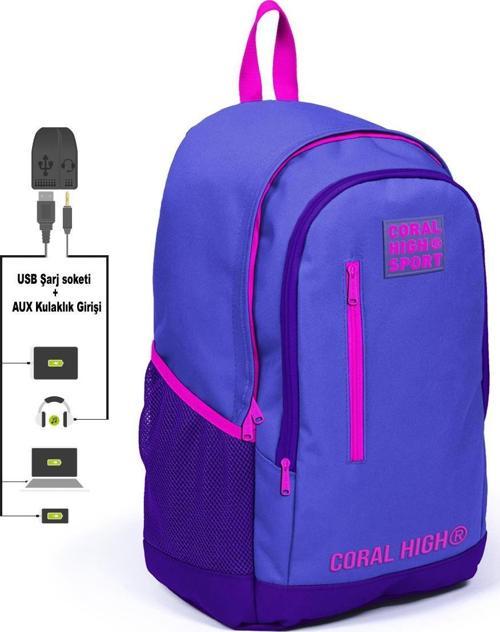 Sport Lavanta Mor Üç Bölmeli USB Şarjlı Kulaklık Çıkışlı Sırt Çantası 23234