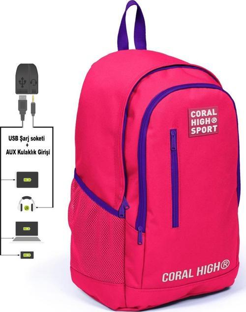 Sport Neon Mercan Üç Bölmeli USB Şarjlı Kulaklık Çıkışlı Sırt Çantası 23235