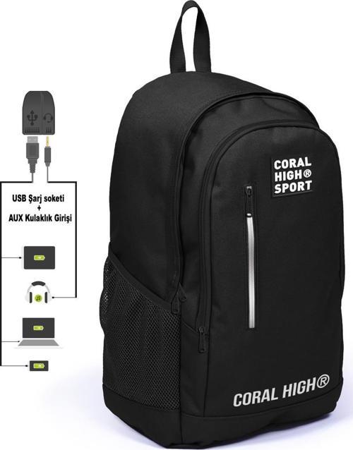 Sport Siyah Üç Bölmeli USB Şarjlı Kulaklık Çıkışlı Sırt Çantası 23231