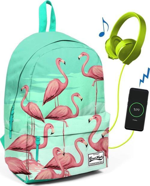 Su Yeşili Flamingolu İki Bölmeli USB Şarjlı Kulaklık Çıkışlı Sırt Çantası 23432