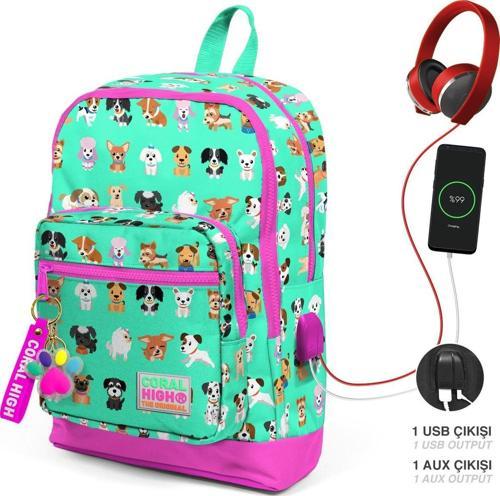 Kids Su Yeşili Neon Pembe Köpek Desenli Dört Bölmeli USB'li Okul Sırt Çantası 23266