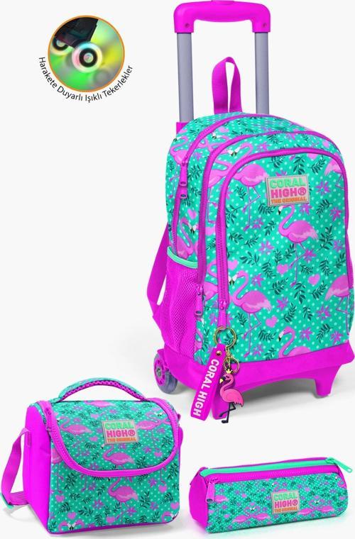 Kids Su Yeşili Pembe Flamingo Desenli Çekçekli 3’lü Okul Çanta Seti SET0123912