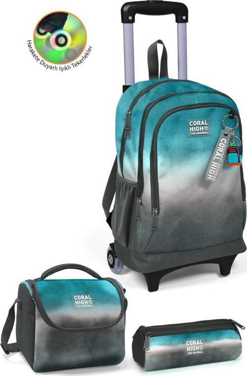 Kids Turkuaz Gri Batik Üç Bölmeli Çekçekli 3'lü Çanta Seti SET0123968