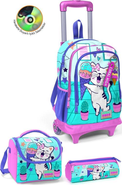 Kids Turkuaz Pembe Dondurmalı Kedi Desenli Üç Bölmeli Çekçekli 3'lü Çanta Seti SET0123951