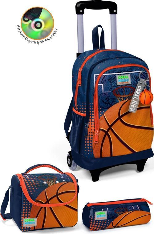 Kids Turuncu Lacivert Basketbol Desenli Üç Bölmeli Çekçekli 3'lü Çanta Seti SET0123966