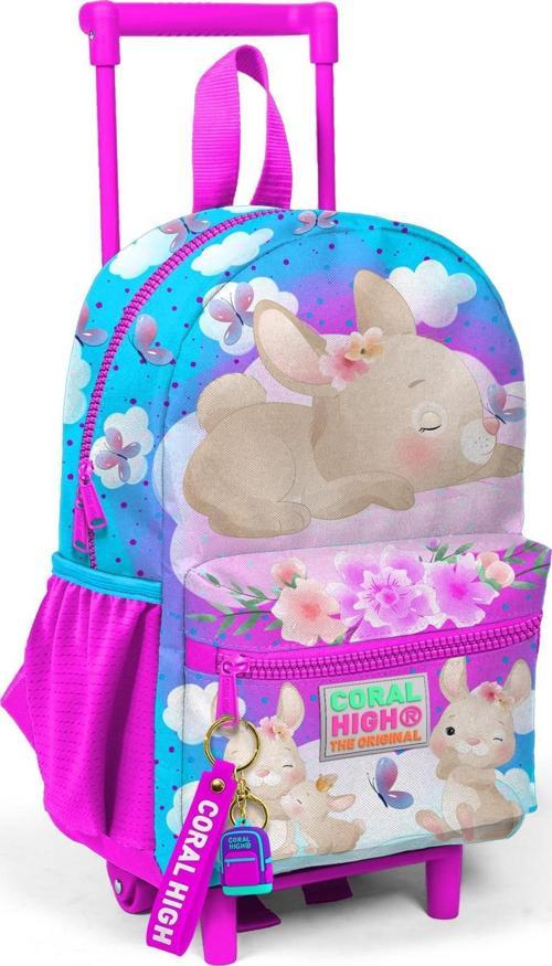 Minik Yuva Çekçekli Sırt Çantası Mavi Pembe Tavşan Desenli İki Bölmeli 24036