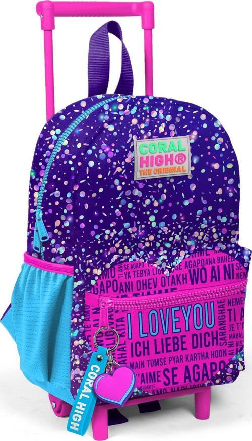 Minik Yuva Çekçekli Sırt Çantası Mor Mavi Pembe Kalp Desenli İki Bölmeli 24040