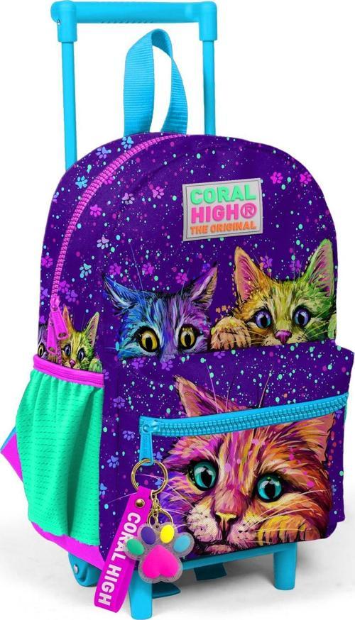 Minik Yuva Çekçekli Sırt Çantası Mor Pembe Kedi Desenli İki Bölmeli 24032