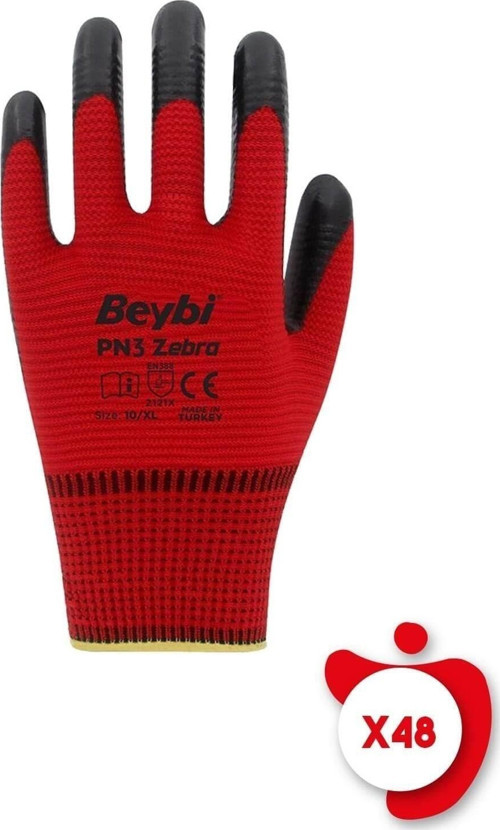 Pn3 Zebra Kırmızı Polyester Örme Nitril Iş Eldiveni 10 Beden 48 Çift