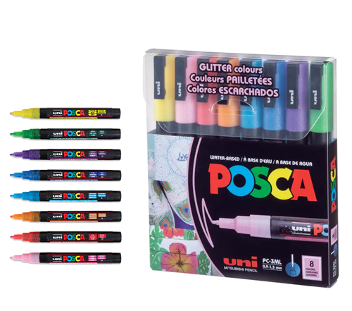 Markör Boyama Kalemi Posca Su Bazlı Poster 0.9-1.3 Mm Simli 8 Renk Set pc-3ml/8c gc
