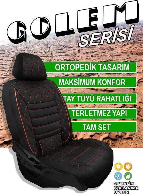 Golem Serisi Taytüyü Kumaş Deri Detaylı Ortopedik Oto Koltuk Kılıfı 5Li Tam Set