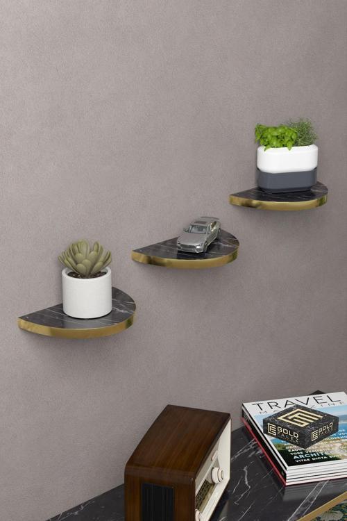 Duvar Rafı Dekoratif 3 Adet Çiçeklik Oval Altın Bendir