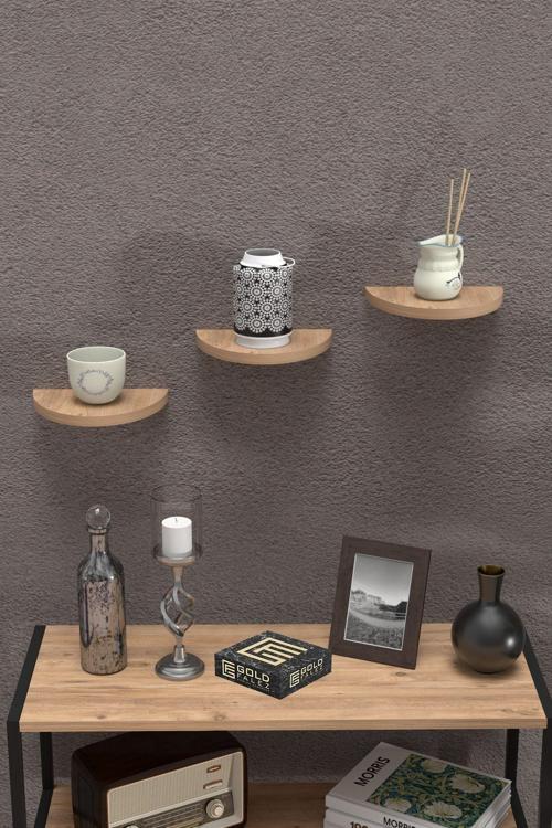Duvar Rafı Dekoratif 3 Adet Çiçeklik Oval Ceviz