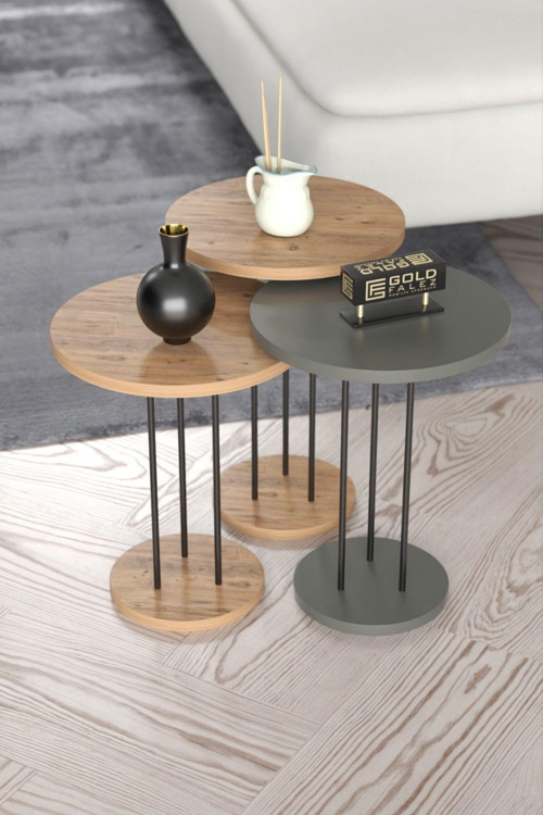 Zigon Sehpa Terra 3 Lü Set Antrasit Ceviz