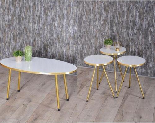 Zigon Sehpa ve Orta Sehpa Elips Gold Metal Ayak Gold Beyaz Set