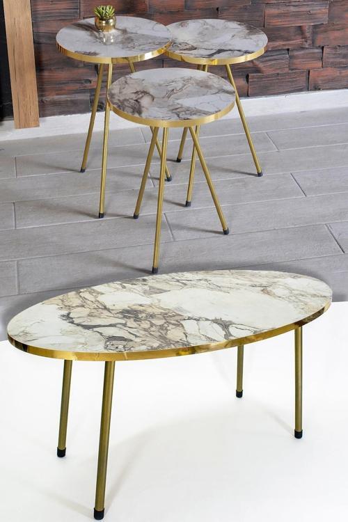 Zigon Sehpa ve Orta Sehpa Elips Gold Metal Ayak Gold Efes Set