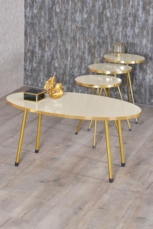 Zigon Sehpa ve Orta Sehpa Elips Gold Metal Ayak Gold Krem Set
