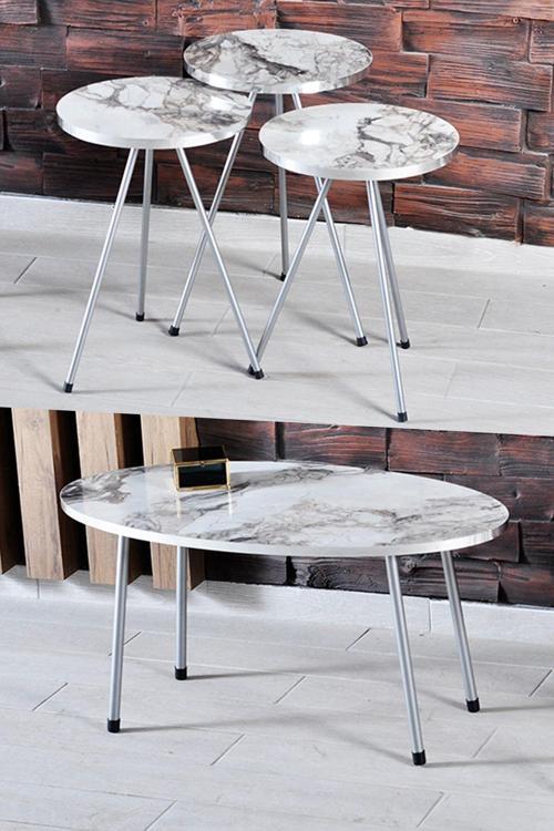 Zigon Sehpa ve Orta Sehpa Elips Gümüş Metal Ayak Gümüş Efes Set