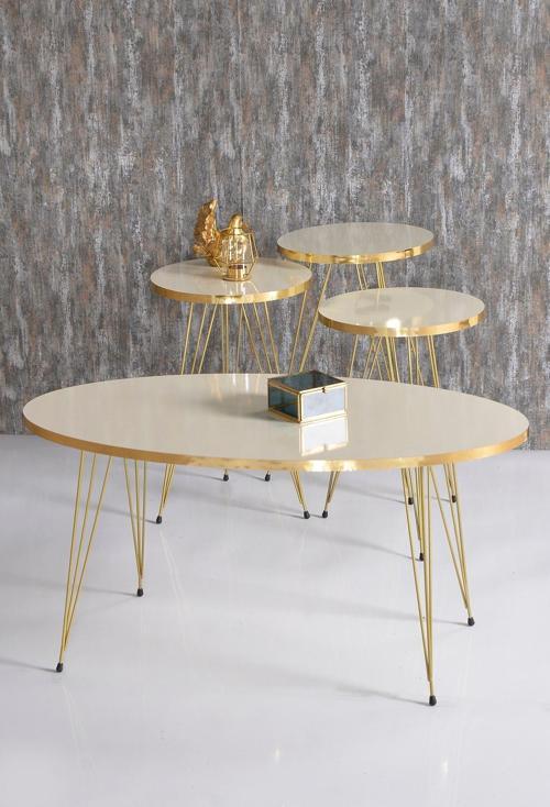 Zigon Sehpa ve Orta Sehpa Elips Set Gold Krem Tel