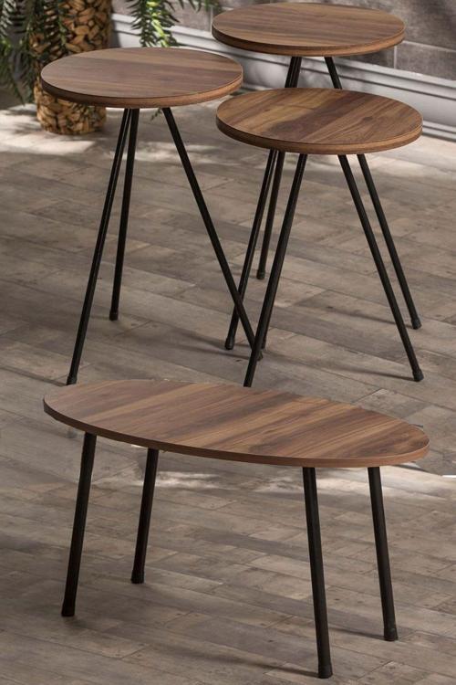 Zigon Sehpa ve Orta Sehpa Elips Set Metal Ceviz