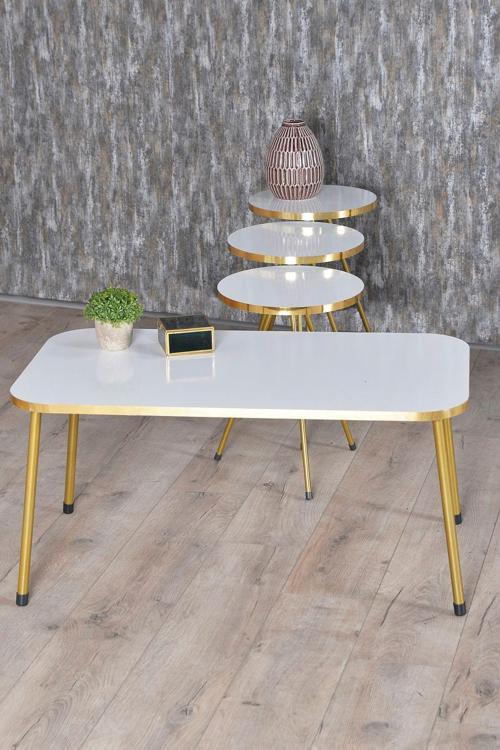 Zigon Sehpa ve Orta Sehpa Kr Gold Metal Ayak Gold Beyaz Set