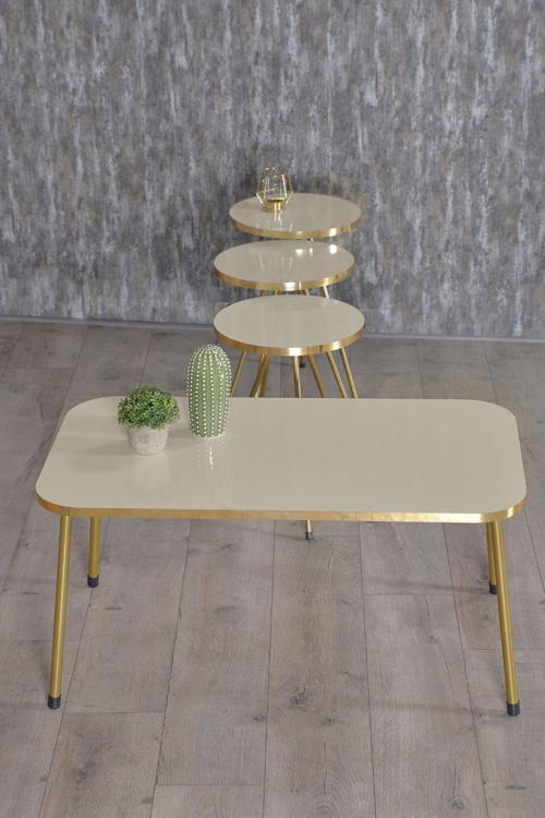 Zigon Sehpa ve Orta Sehpa Kr Gold Metal Ayak Gold Krem Set