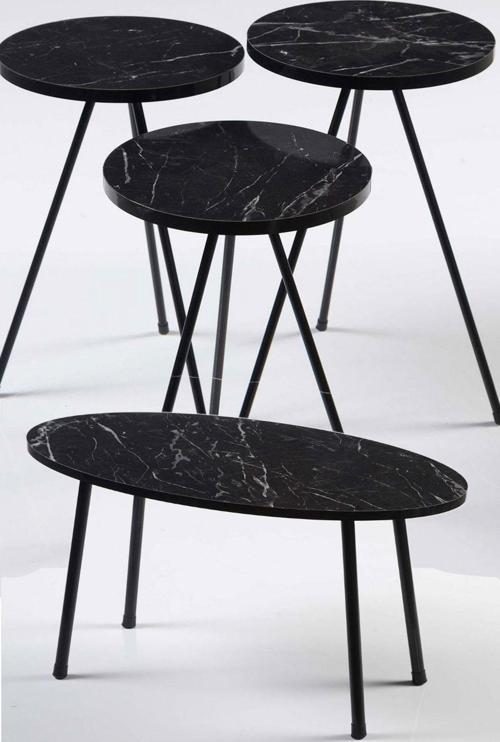 Zigon Sehpa ve Orta Sehpa Set Metal Elips Siyah Mermer Desen