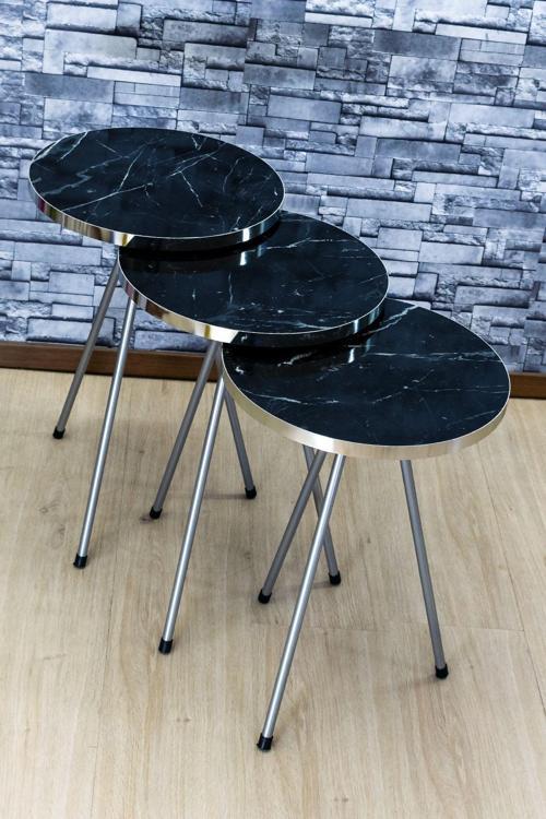 Zigon Sehpa 3'lü Gümüş Metal Ayak Gümüş Siyah Bendir