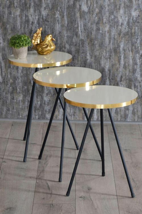 Zigon Sehpa 3'lü Siyah Metal Ayak Gold Krem