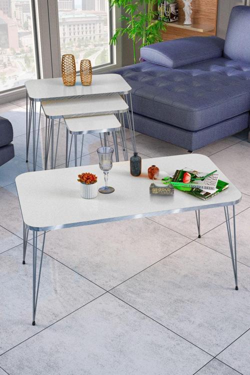 Zigon Sehpa Kr ve Orta Sehpa Kr Set Gümüş Beyaz Tel