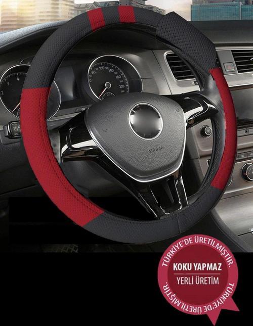 Premium Lüks Geçmeli Direksiyon Kılıfı Kokusuz 38-40 Cm Siyah Suni Deri- Kırmızı