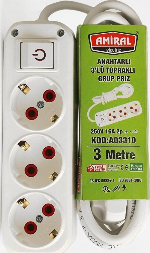 3 lü Topraklı Anahtarlı 3 Metre Kablolu Grup Priz