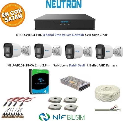 2mp 4 kameralı Sesli Dış ortam AHD Full Kamera Seti 4TB Disk NEU-XVR104-FHD NEU-AB102-28-CA