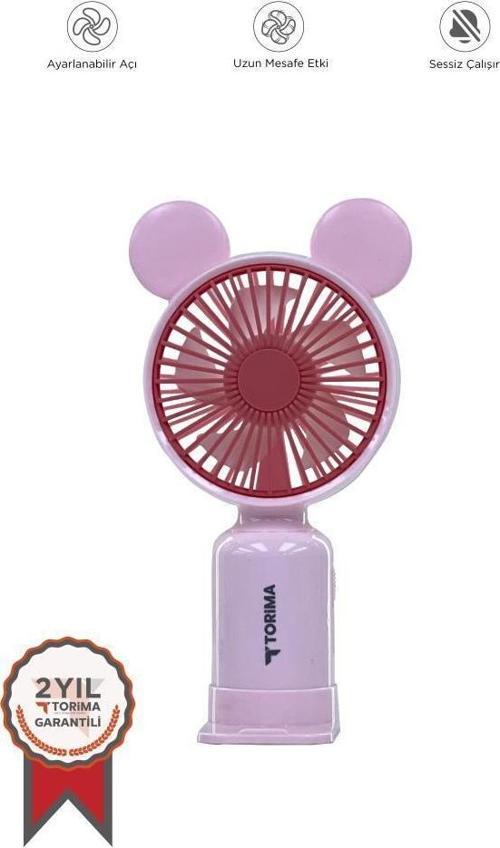 F-12 Pembe Mini Taşınabilir Fan Şarjlı 2 Kademeli Ledli Ayıcık Kulak Vantilatör Klima Soğutucu Fan