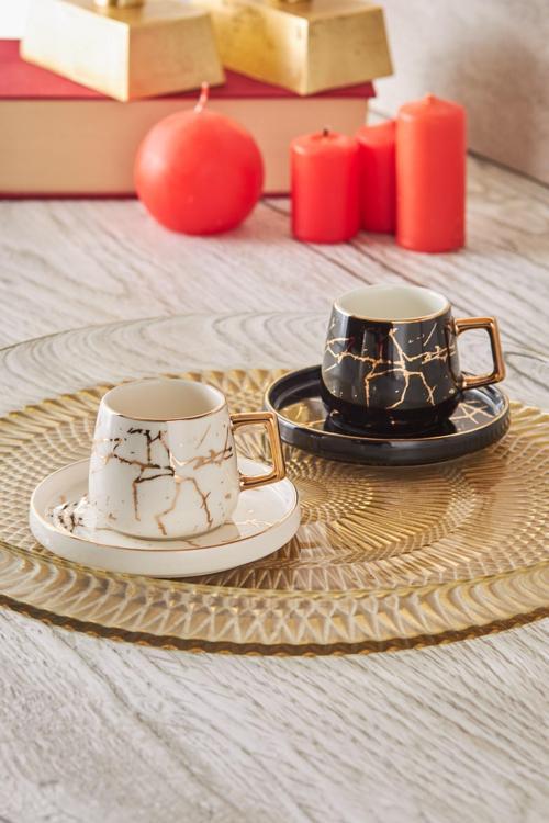 Marble Siyah Beyaz 2 Kişilik Kahve Fincanı Takımı 80 Ml