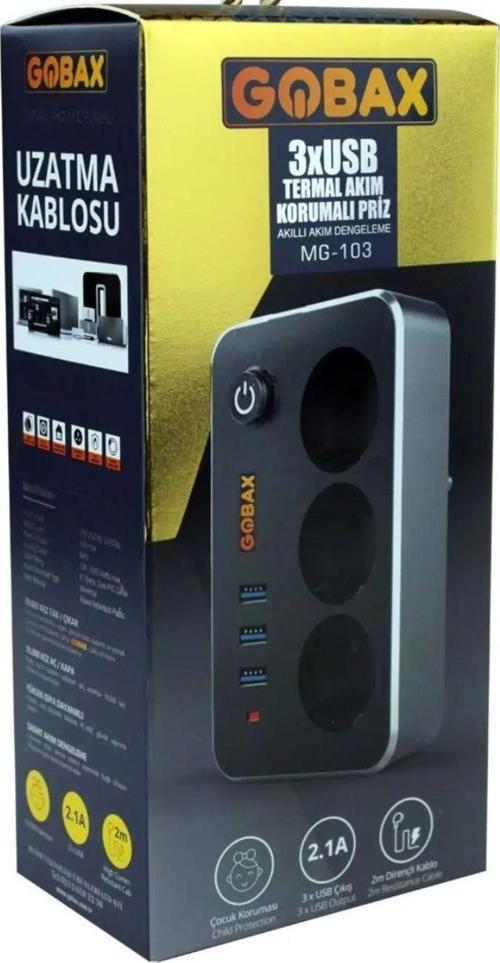 GOBAX Mg-103 3xusb 2.1a 3x Priz Anahtarli Termal Akim Korumali Priz 2m Kablo