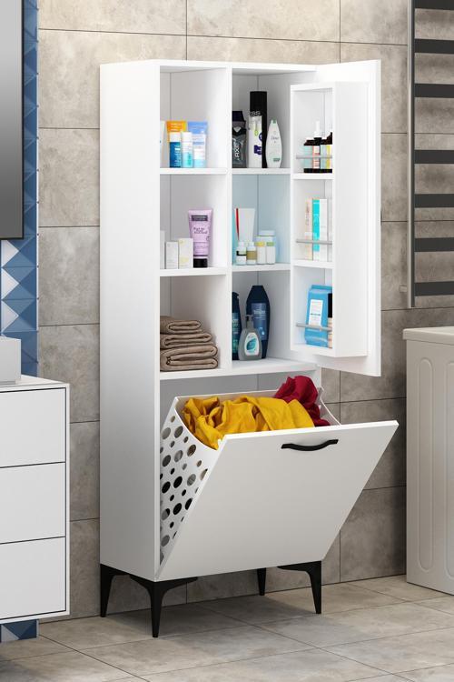Beta Beyaz Raflı Düşer Kapaklı Çamaşır Sepeti Kirli Sepeti Banyo Düzenleyici Çok Amaçlı Banyo Dolabı