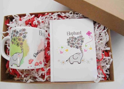 Fil Temalı Kupa Bardak ve Defter Hediye Kutusu Seti