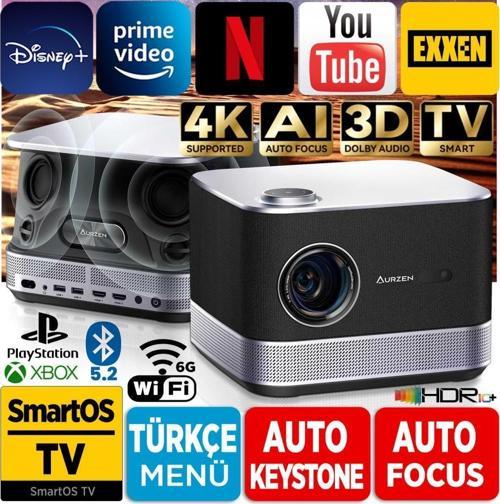 Aurzen Boom 3 4K Android TV Projeksiyon Cihazı+Auto Focus+Auto Keystone+6GWiFi+5.2Bluetooth+300 İnç Yansıtma