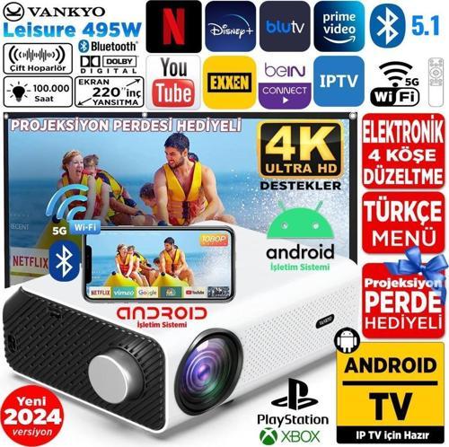 Leisure 495W Android TV 4K Destekli Projeksiyon Cihazı 5GWi-Fi+5.2 Bluetooth 220 İnç Yansıtma Dolby Ses Sistemi