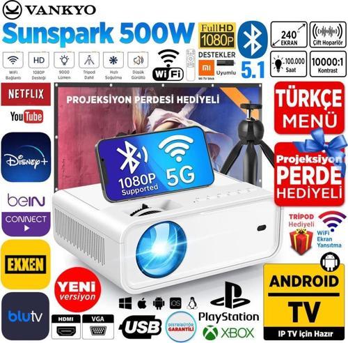 Sunspark 500W Android TV 1080P Destekli Projeksiyon Cihazı 5G Wi-Fi 5.1 Bluetooth - LCD LED - 240 inç Yansıtma
