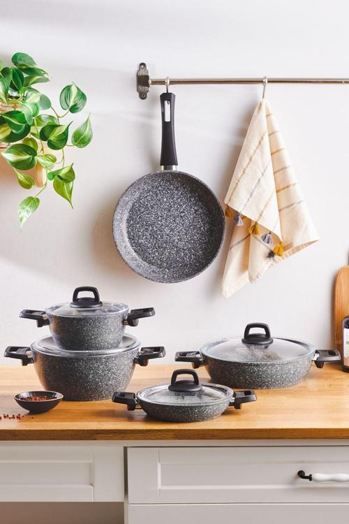 Bio Granit Grey Stone 9 Parça Tencere Seti