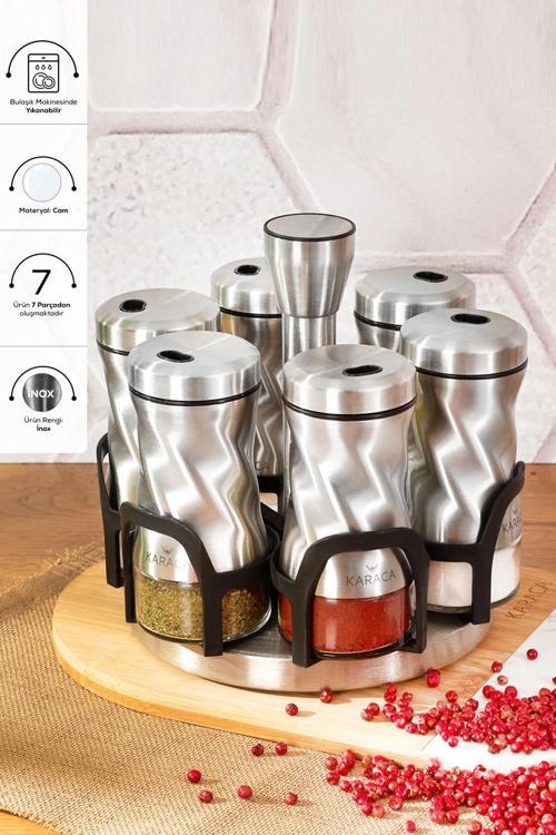 7 Parça Tottori Inox 7 Parça Yuvarlak Cam Baharat Takımı Cam